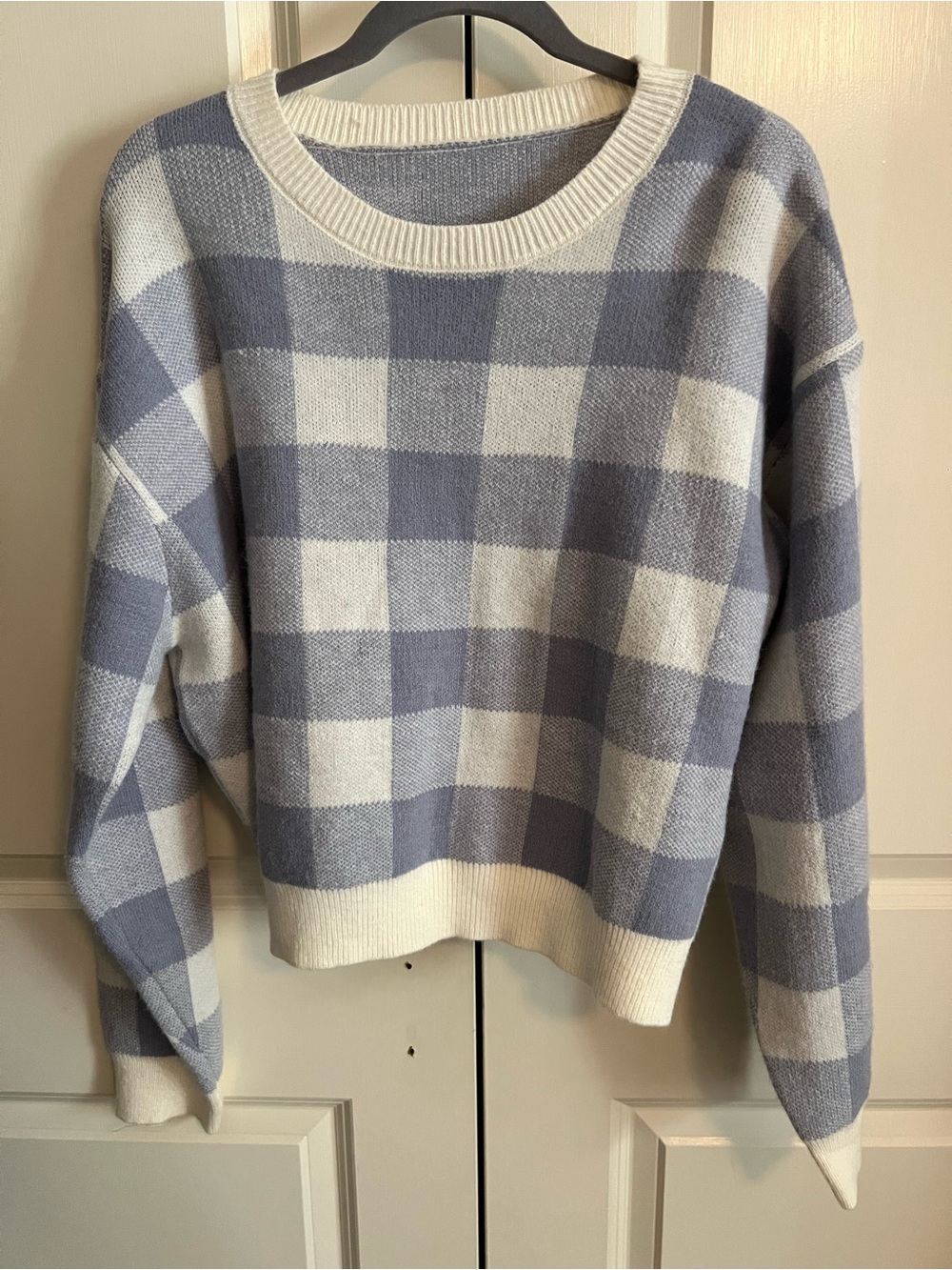 Cozy Plaid Crewneck Sweater in Lavender  and Cream